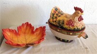 Leaf bowl with rooster soup bowl Has chip