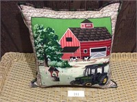 Green Tractor Farm Scene Pillow