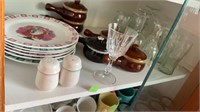 Covered soup bowls, plates, misc glasses, some
