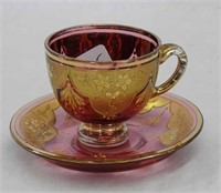 Moser cranberry decorated demitasse cup & saucer