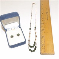 Jade Bead Gold-Overlay Necklace & Pierced Earrings