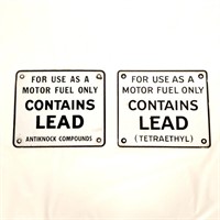 (2) Porcelain "Contains Lead" Gas Station Signs