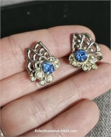 Vintage Art Deco Earrings Blue Stones Silver tone