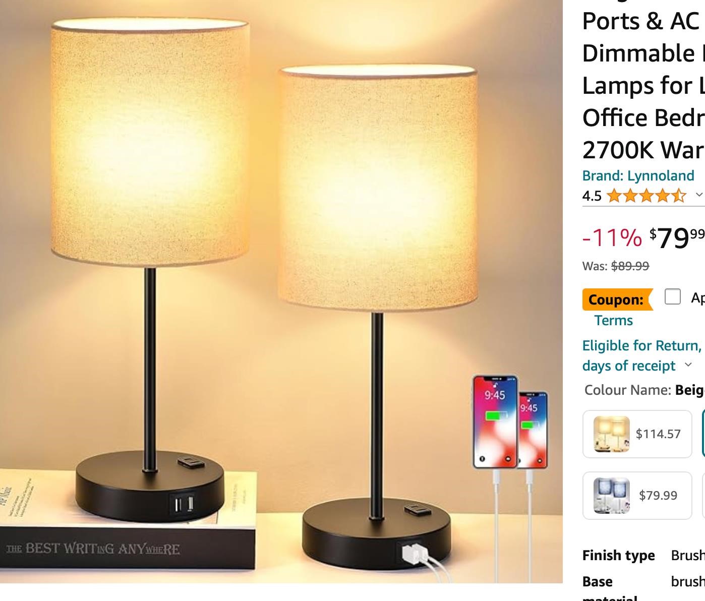 Set of 2 Touch Beige Table Lamps with 2 USB Ports