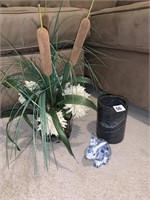 ARTIFICIAL CATTAILS IN VASE, VASE, AND BUNNY