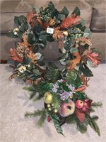 FALL WREATH AND ARTIFICIAL FRUITS IN PEDESTAL