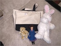 CANVAS TOTE AND STUFFED ANIMALS, DOLL WITH "H" ON
