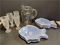 Optic Swirl PItcher, Fish Plates and 4 Glasses