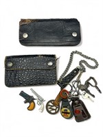 2 vintage leather wallets with key chains