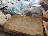 PUNCH BOWL AND CUPS, CLEAR COVERED JAR