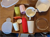 Small Corning Ware Dish, Plastic Lids, Cups