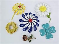 6 Vintage Floral Brooches / Pins: Enamel, ART