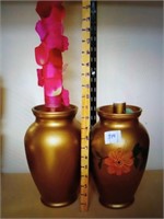 2 gold vases one plain one floral