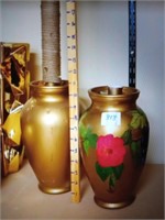 2 gold vases one plain one floral