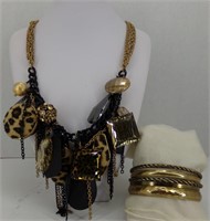 Chico's Gold, Black & Leopard Print Necklace &