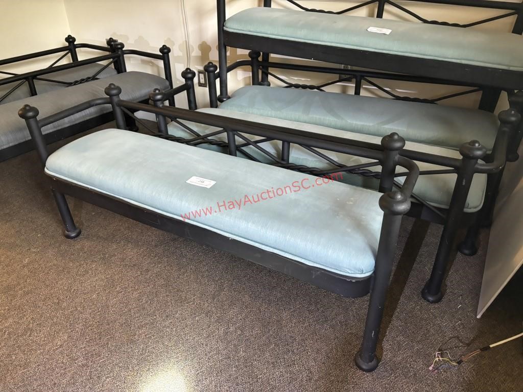 (2) METAL BENCHES W/ LIGHT BLUE CUSHIONS