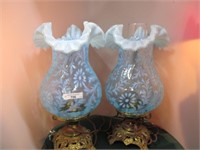 pair Fenton blue opal Daisy & Fern dresser lamps