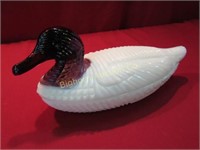 Duck on Nest: White Milk Glass w/ Amethyst Head