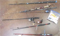 6 Various Fishing Poles w/ Bag of Fishing Tackle