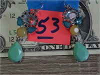 Pr of Multi Blue & Clear Rhinestone/Bead Earrings