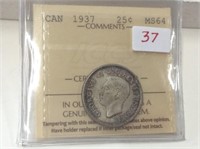 1937 (iccs Ms64) Canadian Silver 25 Cent