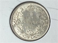 1920 (ms60) Canadian Silver 25 Cent