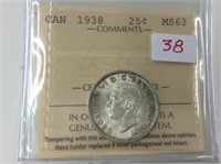 1938 (iccs Ms63) Canadian Silver 25 Cent