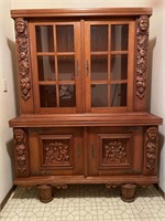Vintage Solid Wood Carved Two Piece China Cabinet