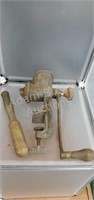 Vintage Keystone hand meat grinder and wooden