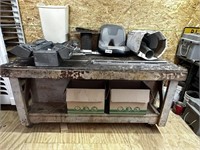 Rolling Wooden Table With Misc Items