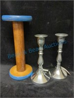 7-In candlesticks and wood spool