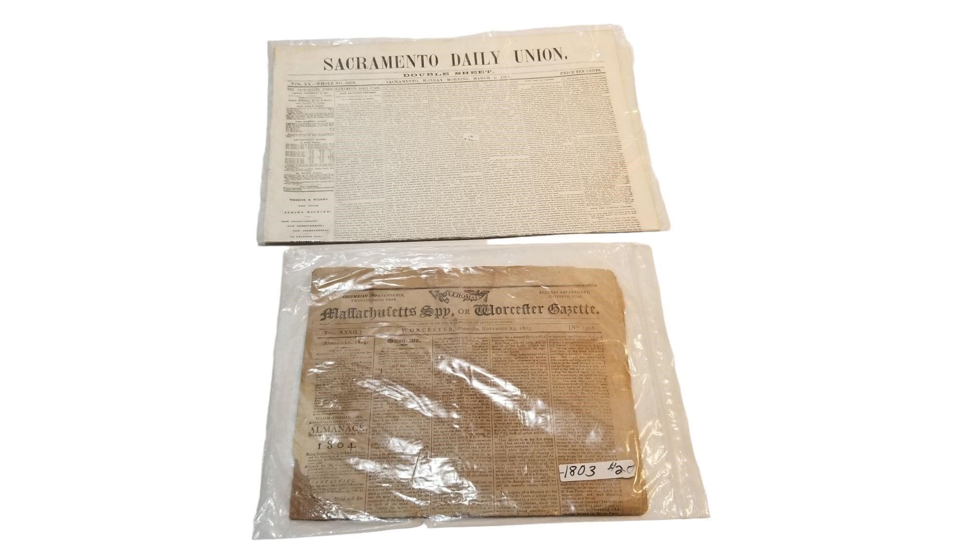 1803 Massachusetts Spy, 1861 Sacramento Papers