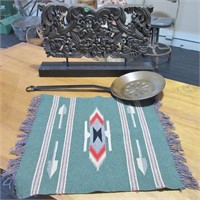 Indian style rug, pan w/long handle, ornante