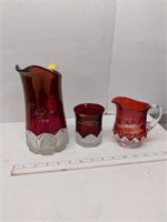 3 Souvenir ruby and glass pitchers &cup