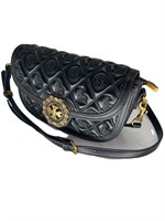 Black Embossed Leather Half-Flap Gold Tone Bag