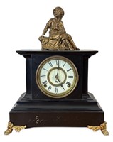 19thC Antique Figural Cast Iron Mantel Clock