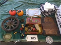Box of Collectibles with Wheel, Candy Tin