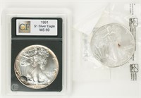 Coin 2 Silver Eagles  Brilliant Unc. 1991 & 2004