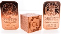 Lot 3 .999 Fine Pure Copper - 2 x Bars & 1 x 5 Oun