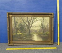 antique oil painting on canvas (stream & trees)