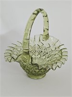 VTG FENTON GREEN GLASS BASKET RUFFLED EDGES