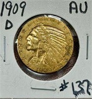 1909-D $5 Indian Head Gold Coin - AU