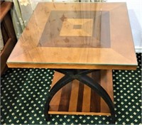 Glass Top, Two Tone Wood Side Table