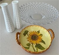 J - MILKGLASS VASES, PLATTER, SUNFLOWER BOWL