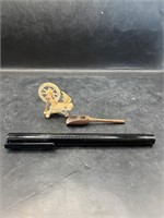 MINIATURE CARVED SPINNING WHEEL AND SCOOP