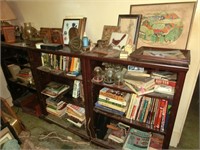 contents only of 3 bookcases- bookends, art,