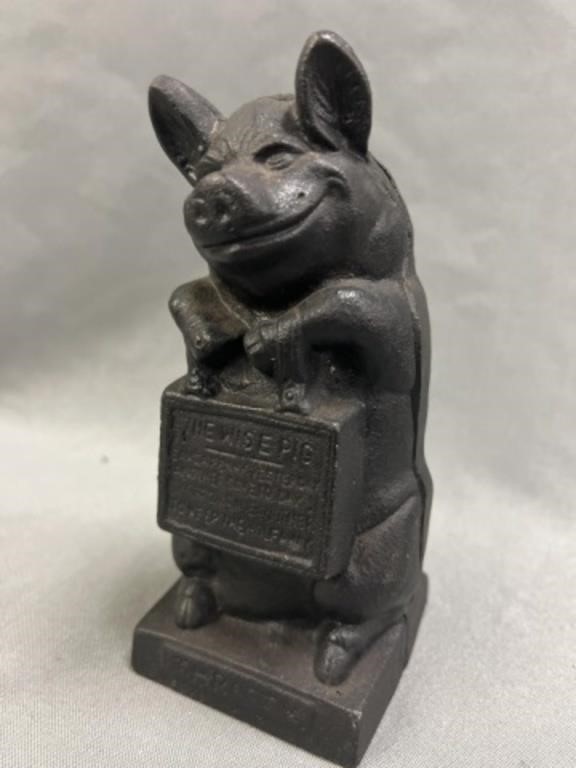 Wise Pig Cast Metal Still Bank