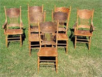 (7) Solid Oak Pressback Dining Chairs: 2- Host
