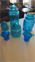 VINTAGE BLUE GLASS LID CANISTERS, BLUE GLASS