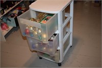 3 Drawer cart with contents, ornaments
